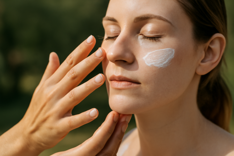 mains appliquant crème sur visage en extérieur