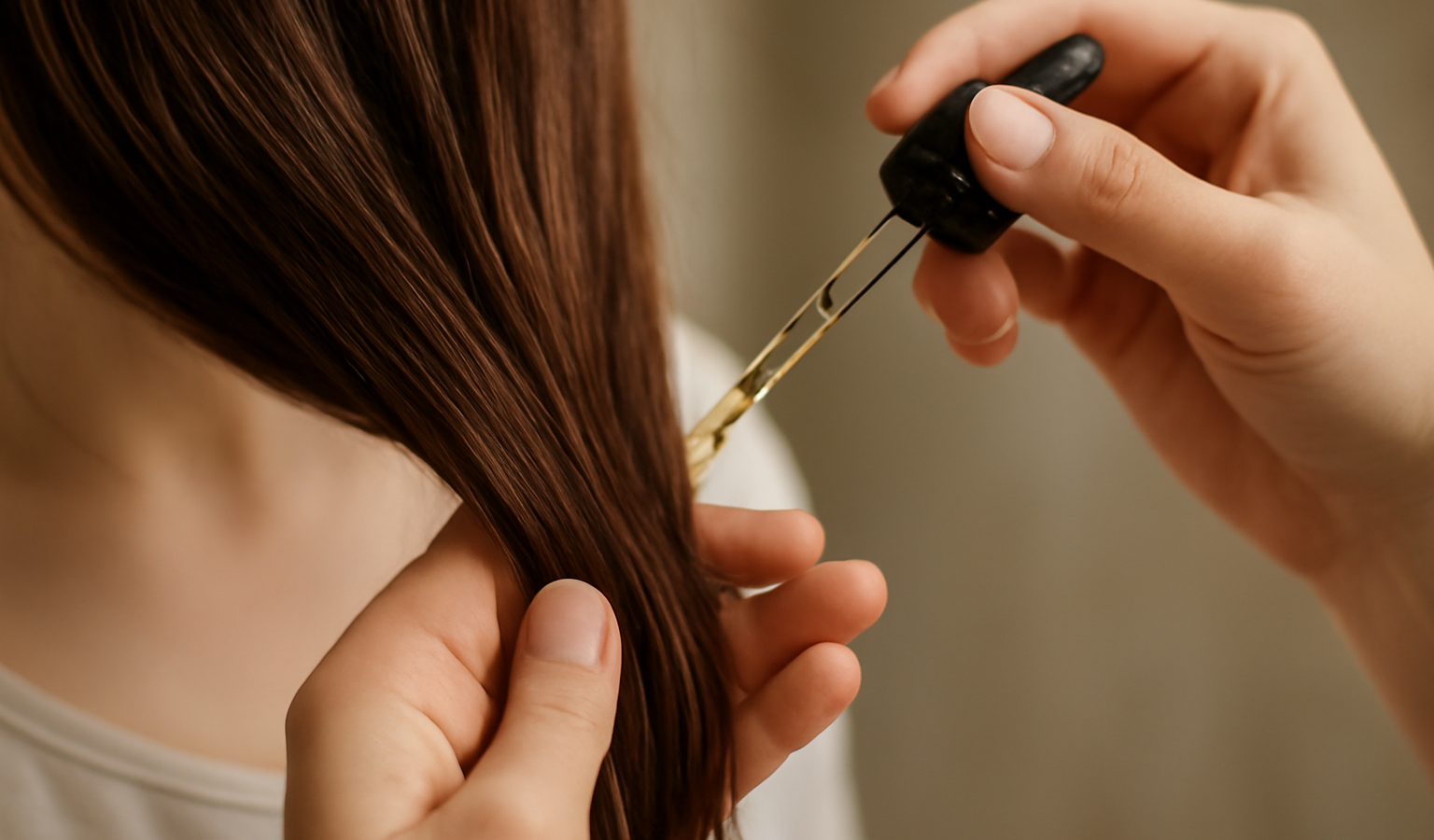 mains appliquant une huile sur pointes de cheveux
