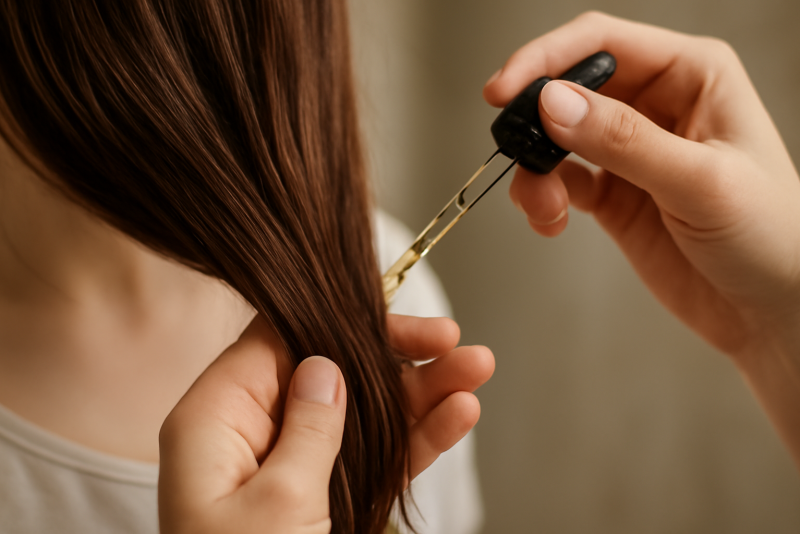 mains appliquant une huile sur pointes de cheveux