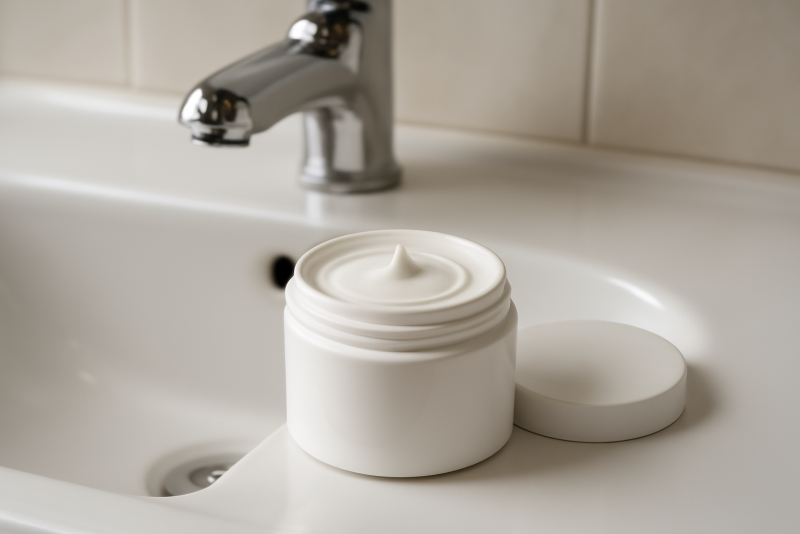 pot de crème posé sur lavabo clair