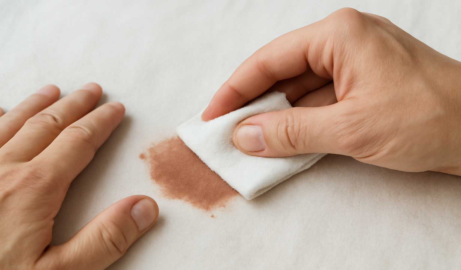 mains tamponnant une tache sur tissu clair