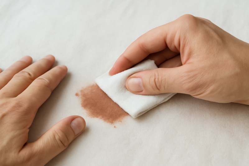 mains tamponnant une tache sur tissu clair
