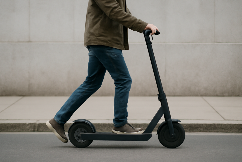 personne poussant une trottinette sur trottoir