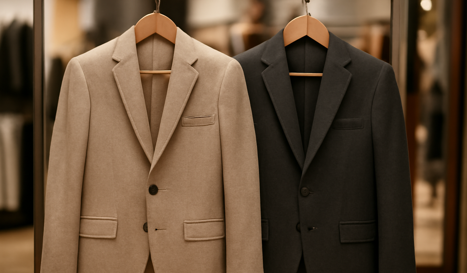deux vestes suspendues cote a cote en boutique