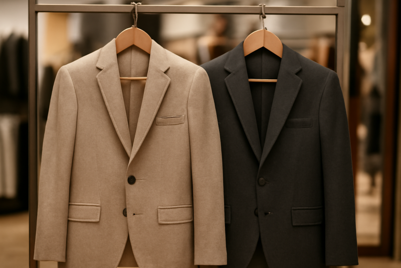 deux vestes suspendues cote a cote en boutique