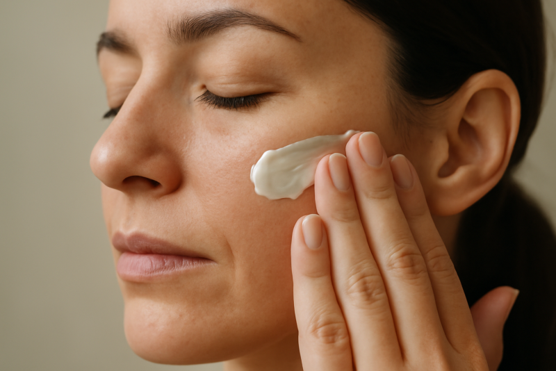 mains appliquant creme sur joue