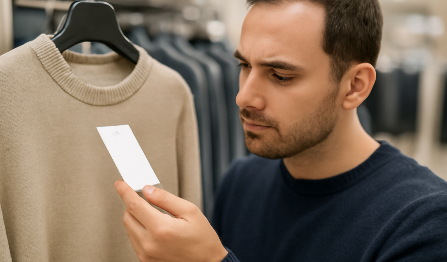 client regardant étiquette d'un vêtement