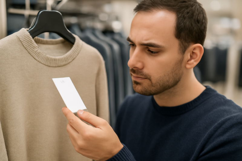 client regardant étiquette d'un vêtement