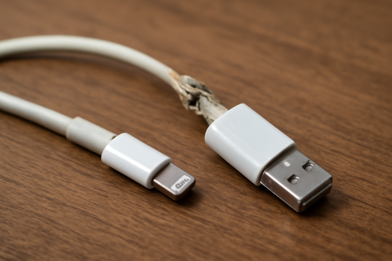 cable de charge legerement effiloche sur table
