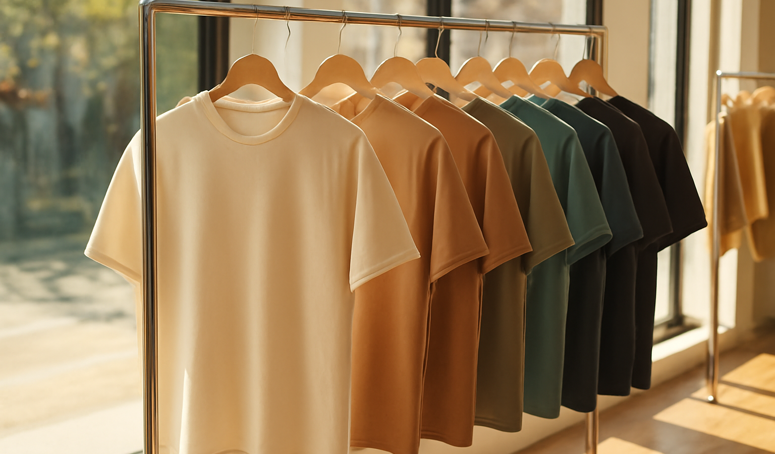 t-shirts suspendus en boutique ensoleillée