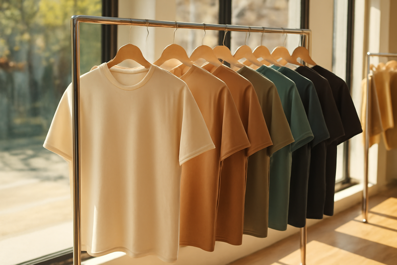 t-shirts suspendus en boutique ensoleillée