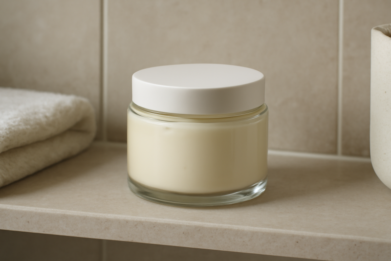 pot de creme pose sur etagere de salle de bain