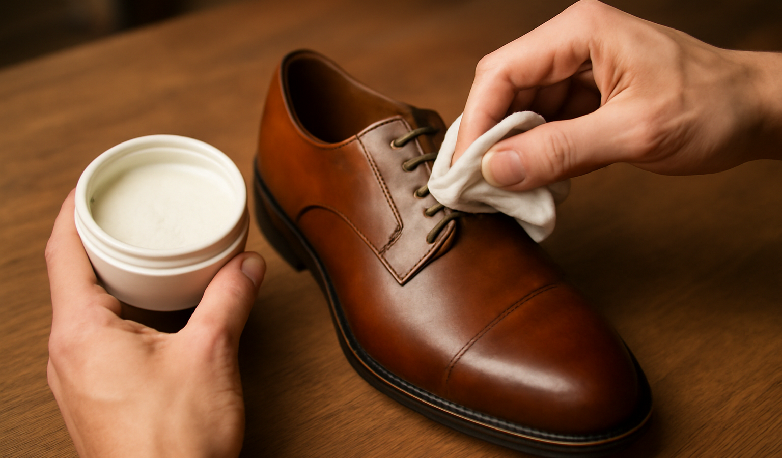 mains appliquant produit sur chaussure en cuir lisse