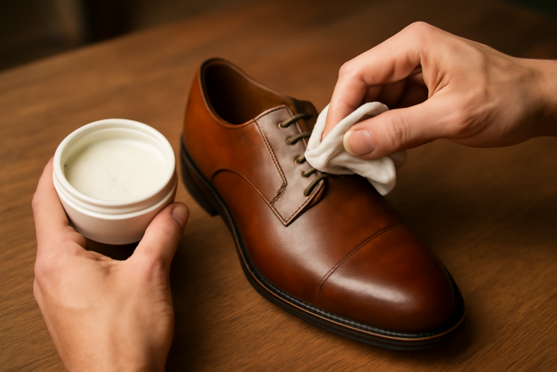mains appliquant produit sur chaussure en cuir lisse
