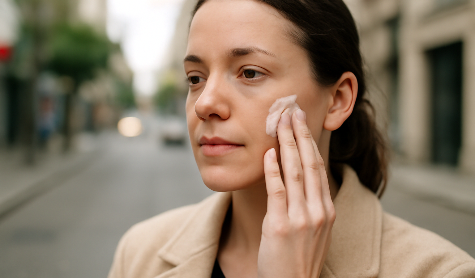personne appliquant crème visage en ville