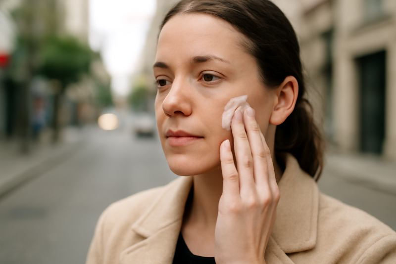 personne appliquant crème visage en ville
