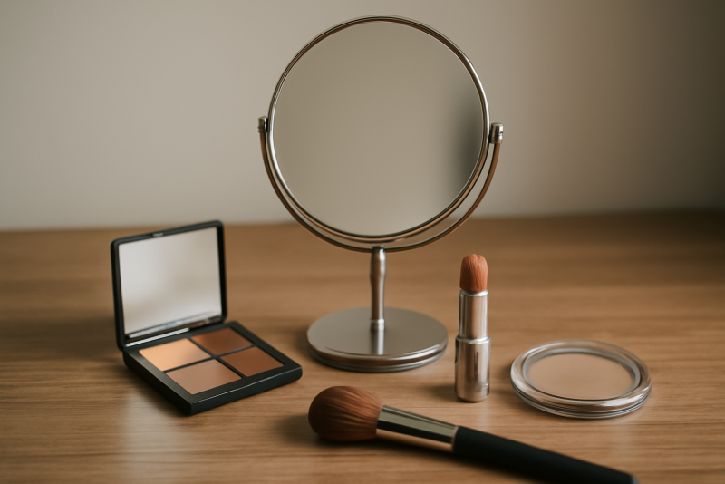 miroir avec maquillage leger sur table