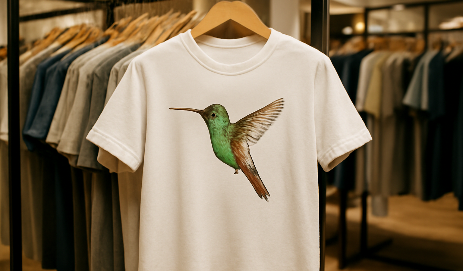 t-shirt imprimé accroché dans boutique