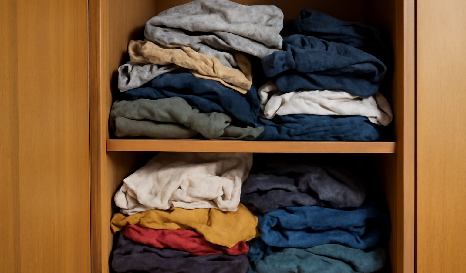 armoire avec vêtements empilés désordonnés