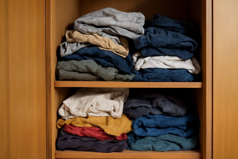 armoire avec vêtements empilés désordonnés