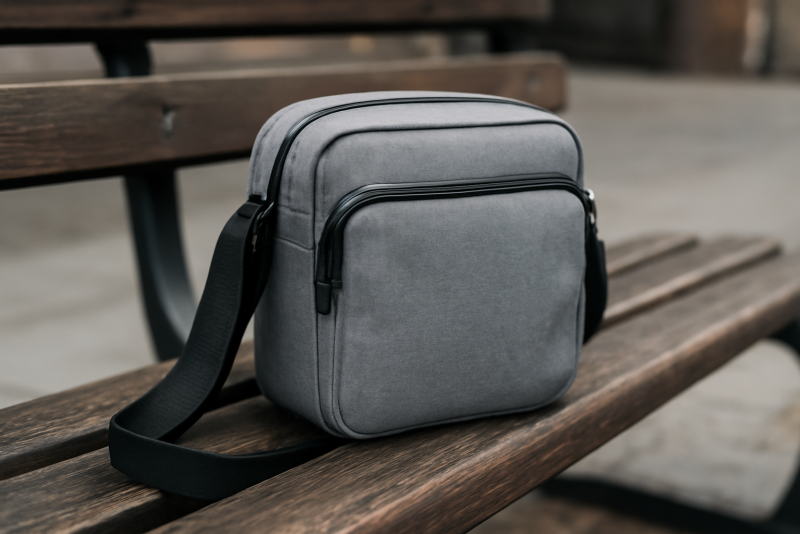 sac compact pose sur un banc urbain