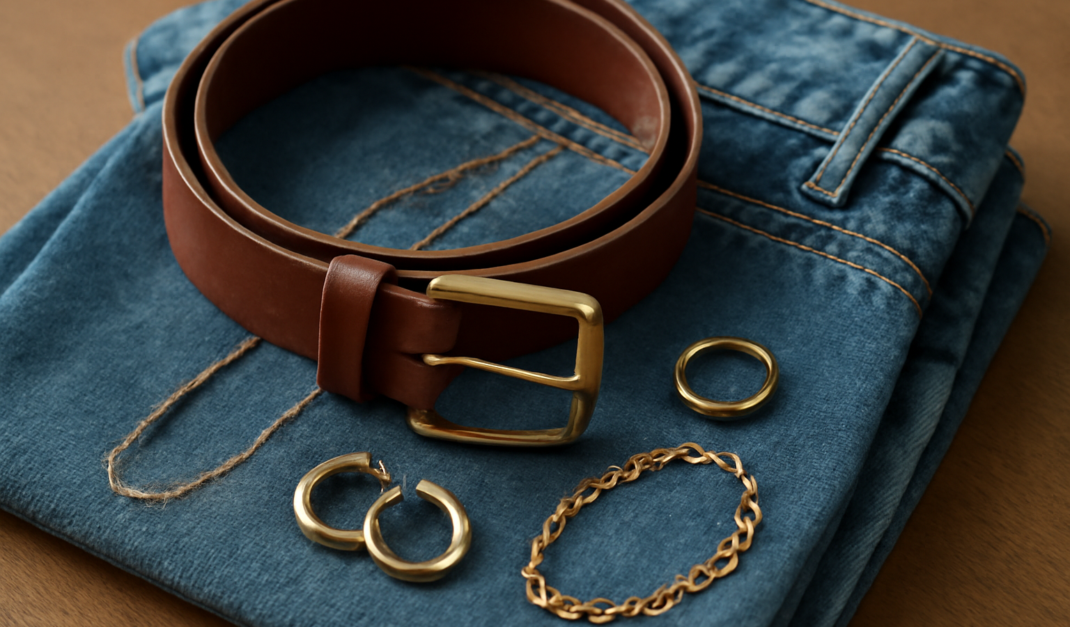 ceinture et bijoux posés sur jean plié