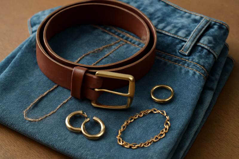 ceinture et bijoux posés sur jean plié