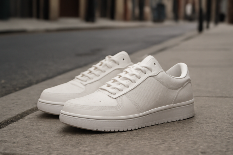 paire de baskets posée sur trottoir urbain