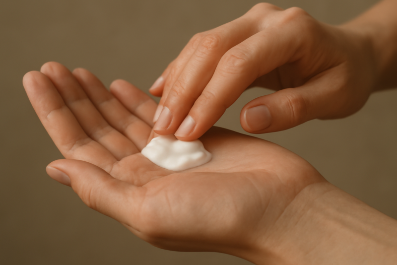mains appliquant creme sur cuticules et paume