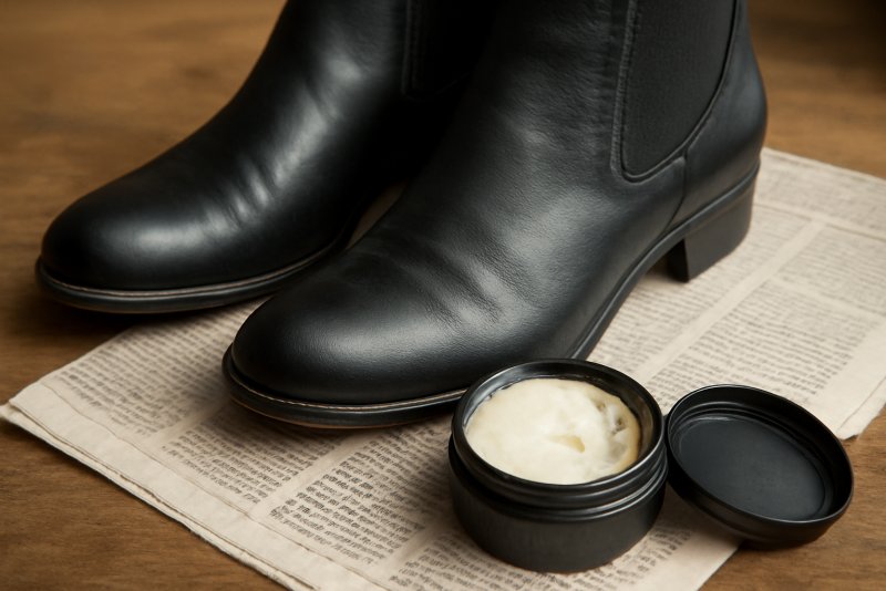 bottines sur journal avec pot de soin ouvert
