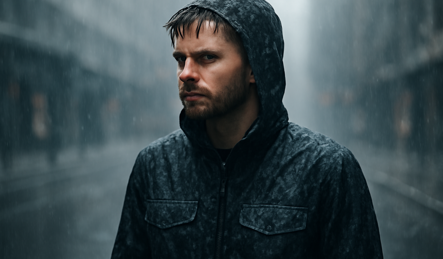 personne avec blouson sous la pluie urbaine