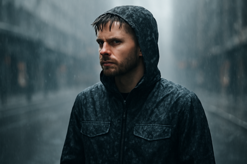personne avec blouson sous la pluie urbaine