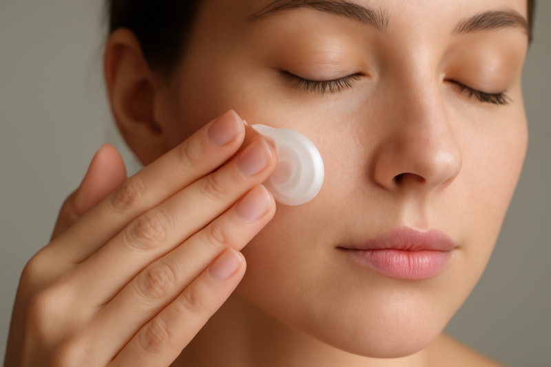 mains appliquant une crème légère sur visage