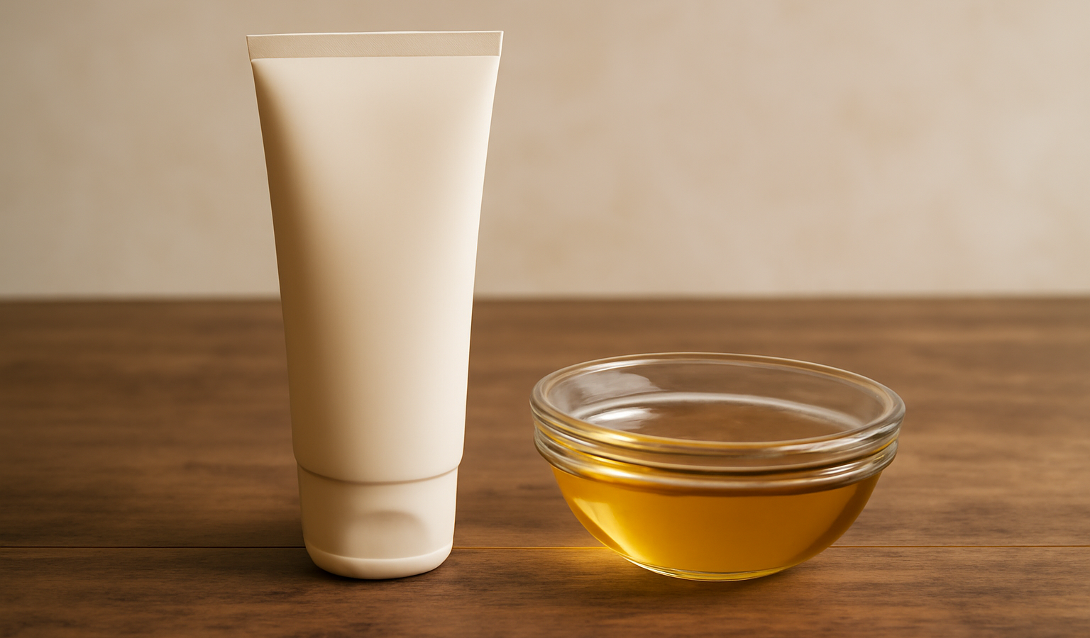 flacon de crème et bol d'huile sur table