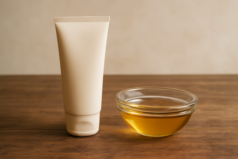 flacon de crème et bol d'huile sur table