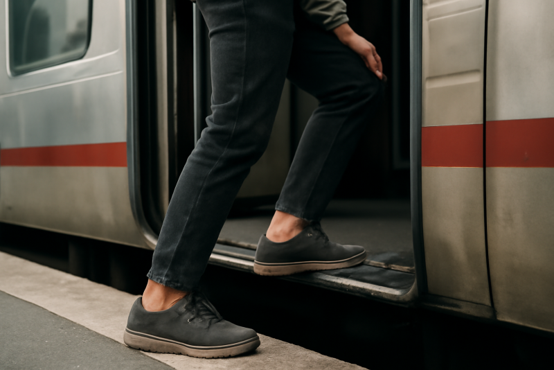 personne montant dans un train portant chaussures urbaines
