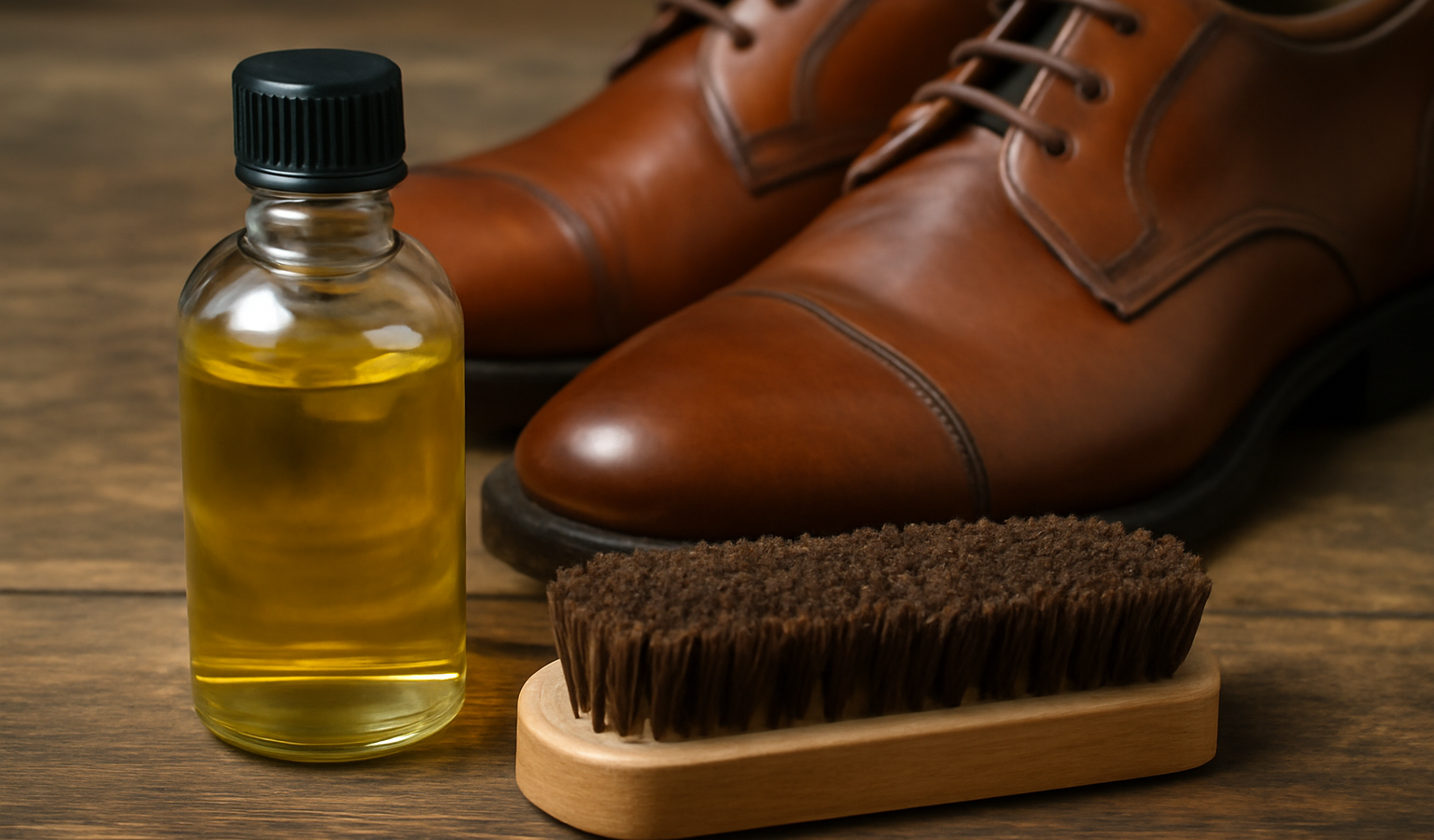 brosse et flacon d'huile près de chaussures