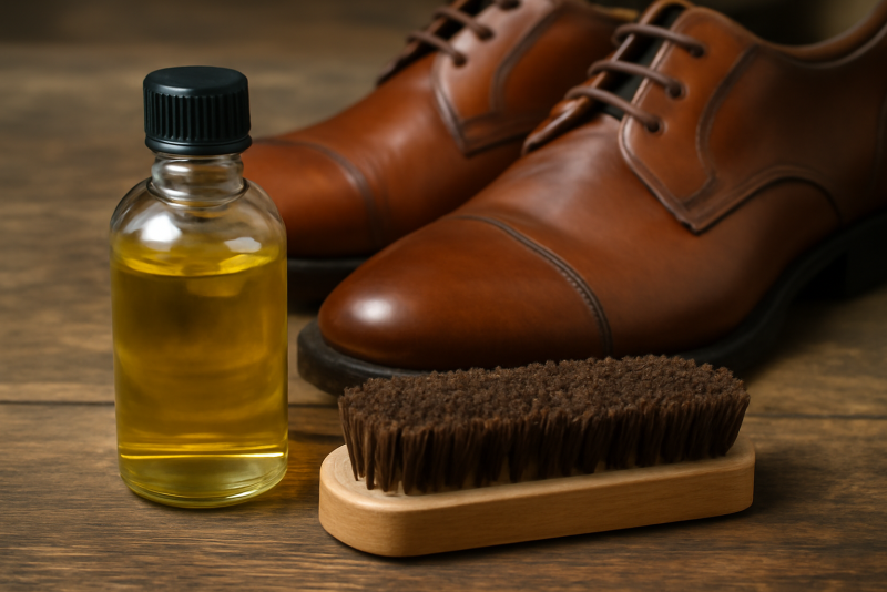 brosse et flacon d'huile près de chaussures