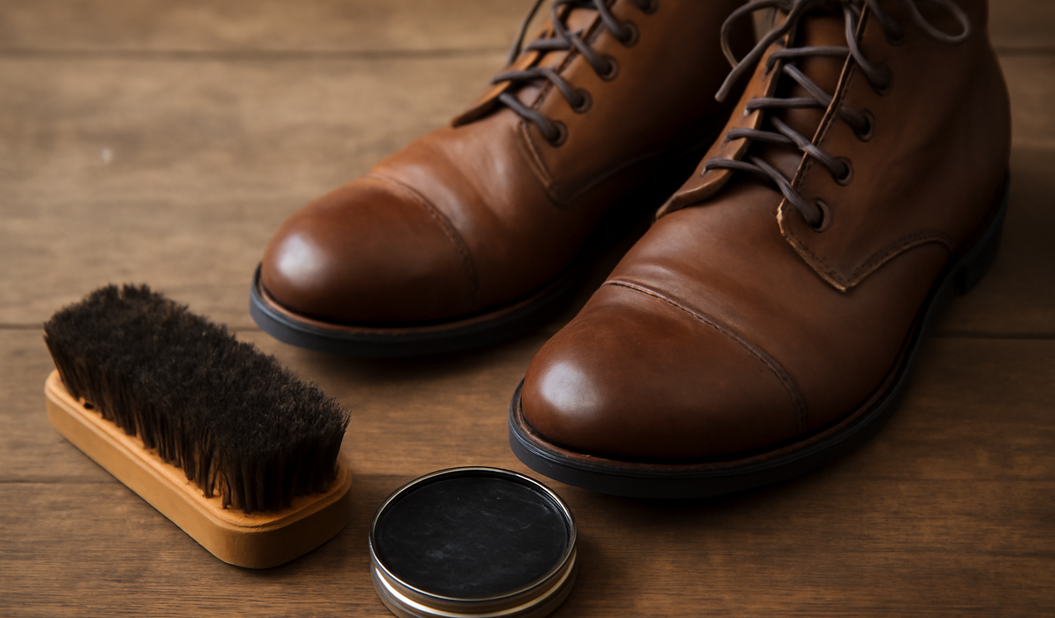 brosse et pot de cirage près d'une paire de bottines