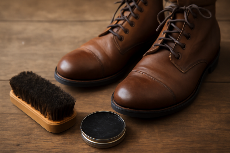 brosse et pot de cirage près d'une paire de bottines