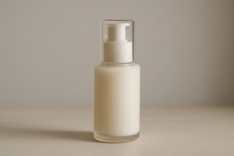 flacon de soin posé sur table minimaliste