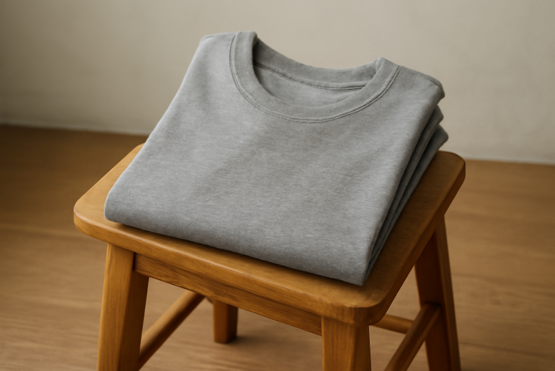 t-shirt plié sur petite chaise en bois