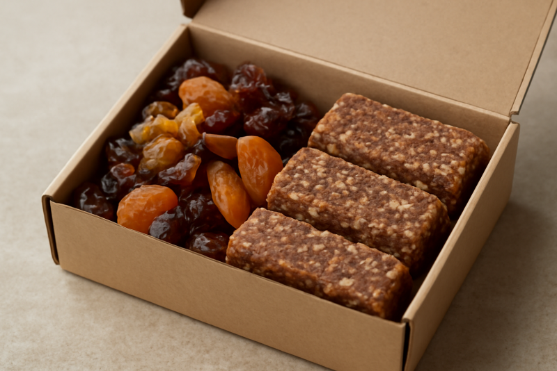 petite boîte avec fruits secs et barres énergétiques