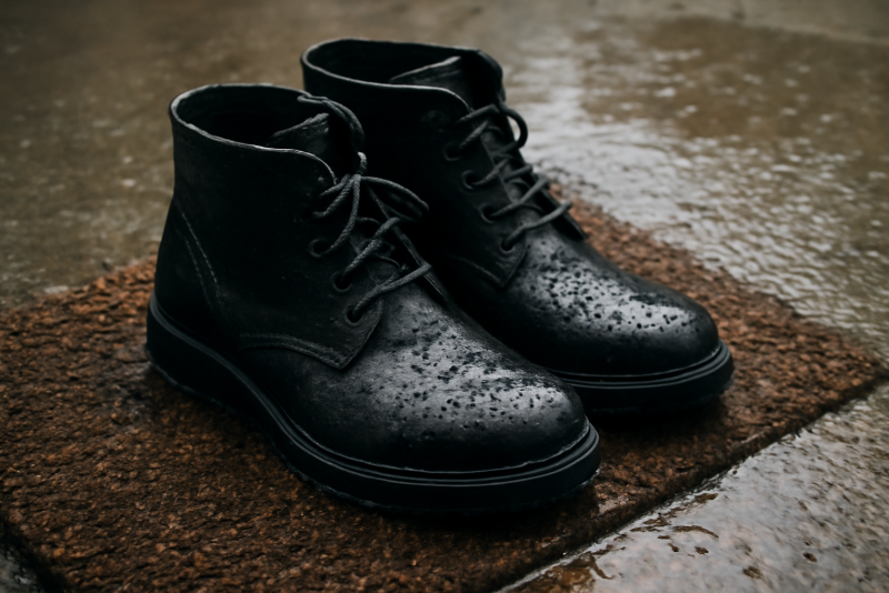 bottines humides posees sur paillasson mouille