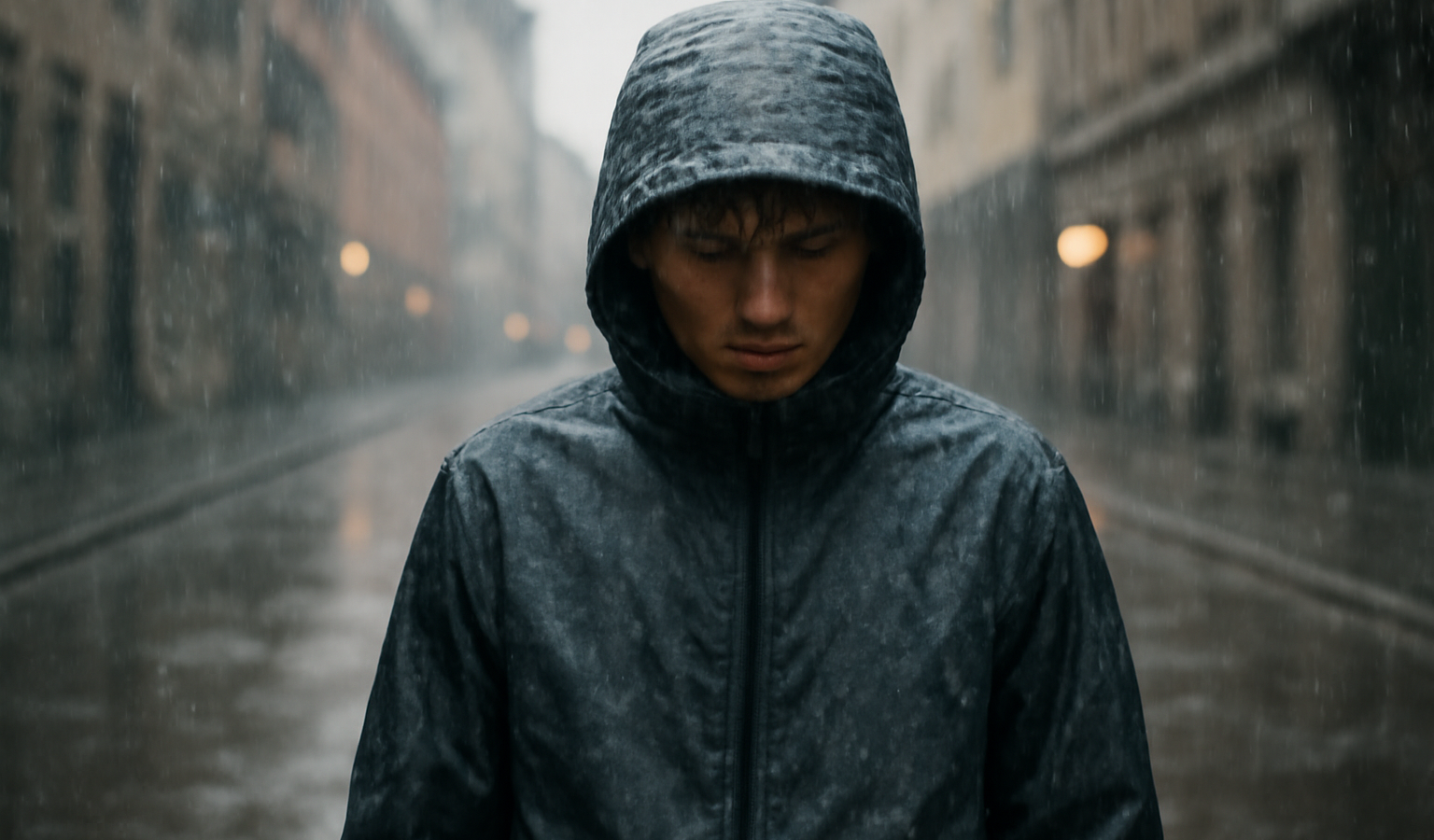 personne portant coupe-vent dans rue pluvieuse