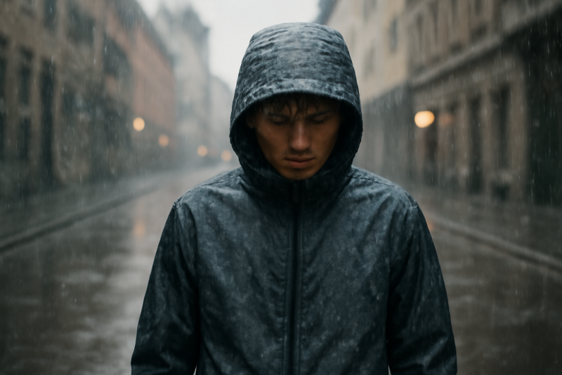 personne portant coupe-vent dans rue pluvieuse