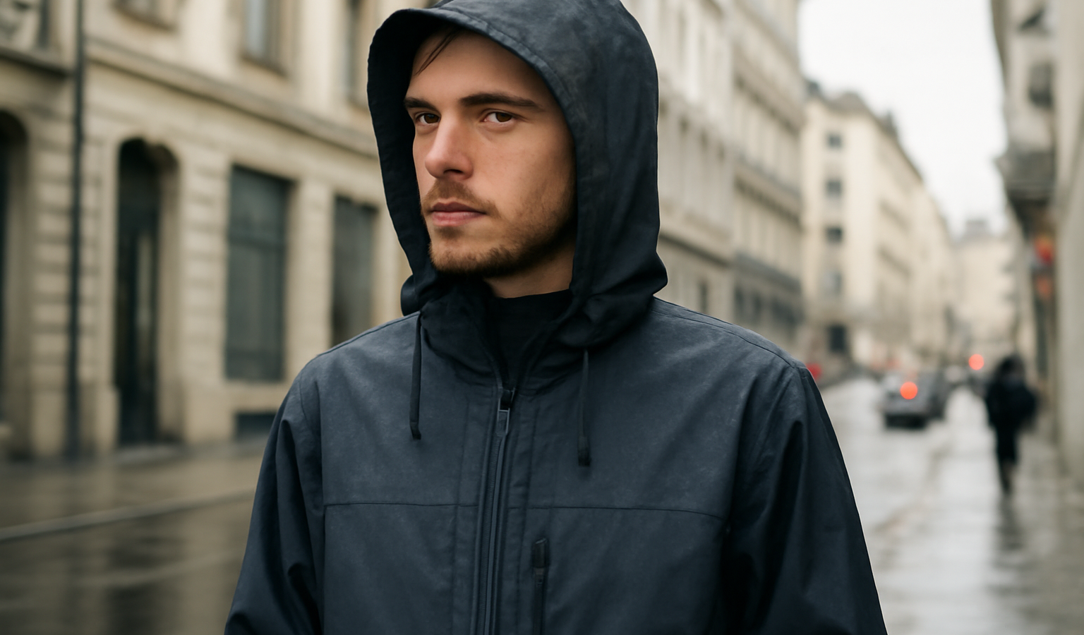 personne portant une veste imperméable en ville