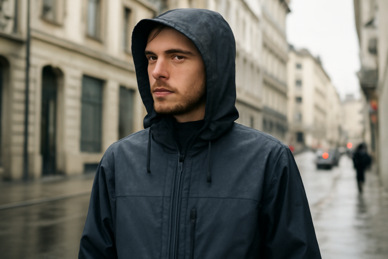 personne portant une veste imperméable en ville