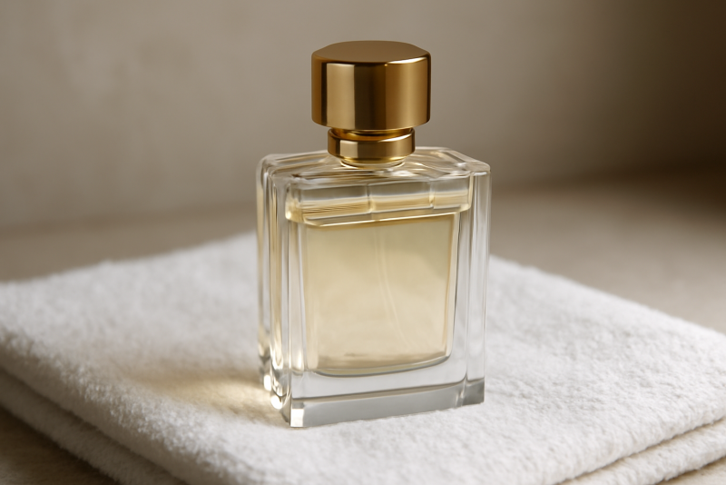 flacon élégant posé sur serviette blanche