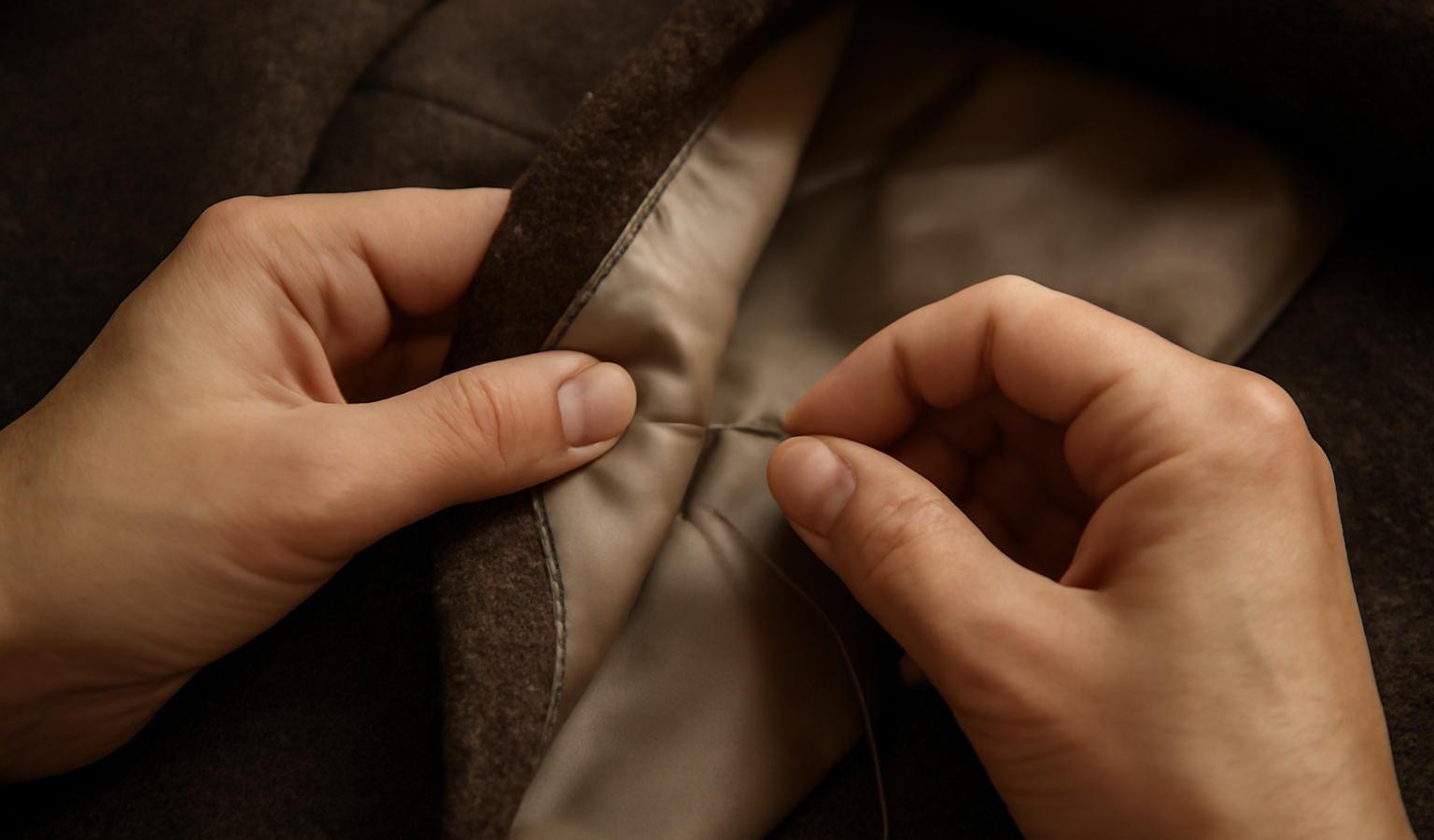 main cousant doucement la doublure d'un manteau
